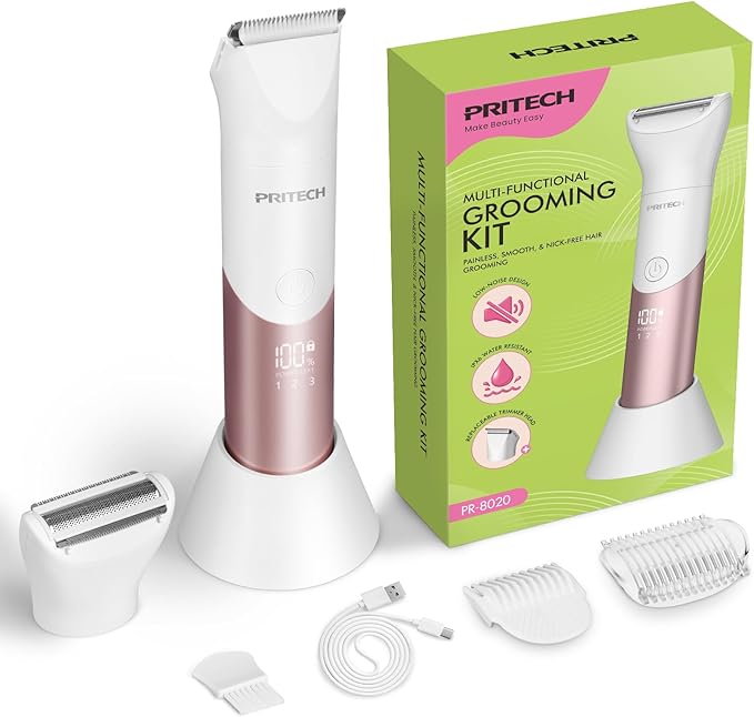 PRITECH Bikini Trimmer for Women, 2-in-1 Rechargeable Electric Razors for Women, Waterproof Bikini Shaver for Pubic Hair, Legs, Arms, Underarms, Electric Trimmer with Ceramic Blades, Travel Lock