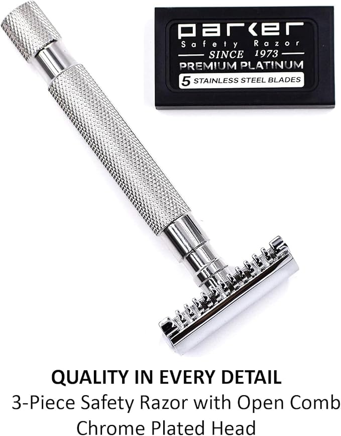 Parker 68S Stainless Steel Handle Double Edge Safety Razor with 5 Blades