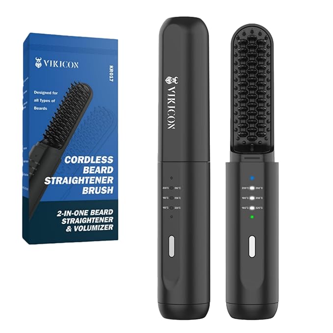 VIKICON Beard Straightener for Men: Cordless Heated Beard Brush for Men, Electric Hot Comb, Anti-Scald Mini Straightening Brush for Beard Grooming, Portable for Travel and Home Use, Gifts for Him Dad