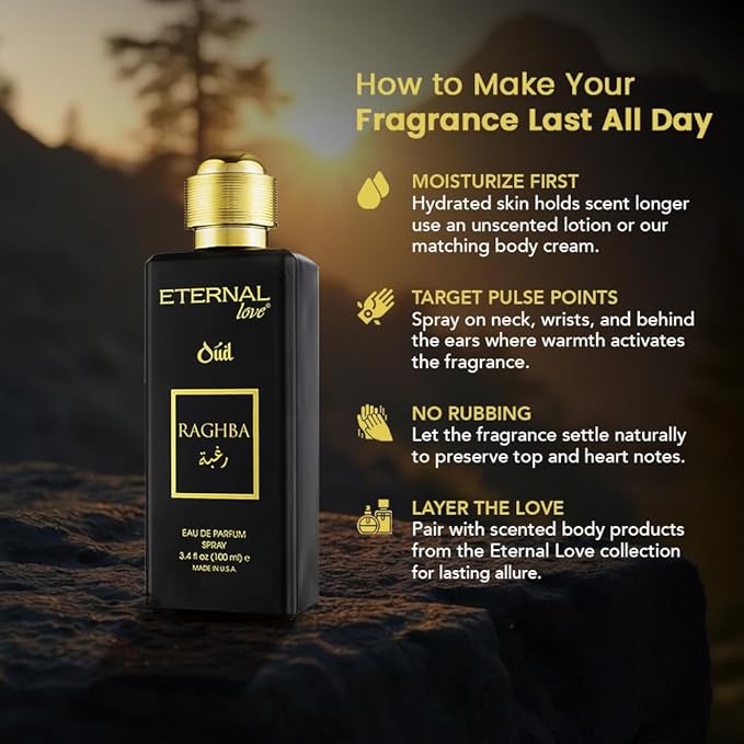 Eternal Love Raghba Oud - Long Lasting Unisex Eau de Parfum - Spicy Floral Oriental Fragrance with Oud & Vanilla - Dubai Inspired Arabic Scent - 3.4oz