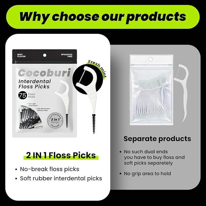 2-in-1 Dental Floss Picks with Soft Interdental Brushes & Durable Floss, Non-Slip Handle for Travel, Hotel, Office, Car, Restaurant（75 Picks）