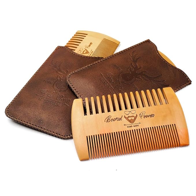 Wooden Beard Comb, 3 Pieces & Durable Cases for Men, Beard & Mustaches, Fine & Coarse Teeth, Brown Deer Design
