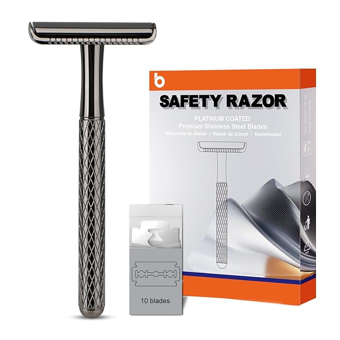 Double Edge Safety Razor, Single Blade Razors with 10 Stainless Steel Safety Razor Blades, Reusable Metal Razor for Men and Women, Plastic Free Shaving, Lightweight & Portable (Shiny Black)
