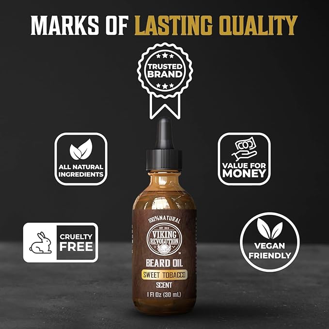 Viking Revolution Sweet Tobacco Beard Oil for Men - Natural Mens Beard Oil with Argan Oil and Jojoba Oil - Beard Softener, Strengthens and Moisturizes - Beard Conditioner for Men (Sweet Tobacco,1Pack)