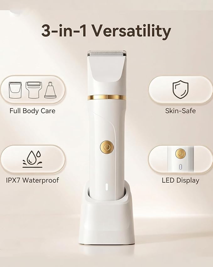 Bikini Trimmer for Women Men,3-in-1 Electric Razors Pubic Hair for Women Men,Private Area and Bikini Line,IPX7 Waterproof Replaceable Shaver Head & Nose Hair Trimmer for Travel（White）