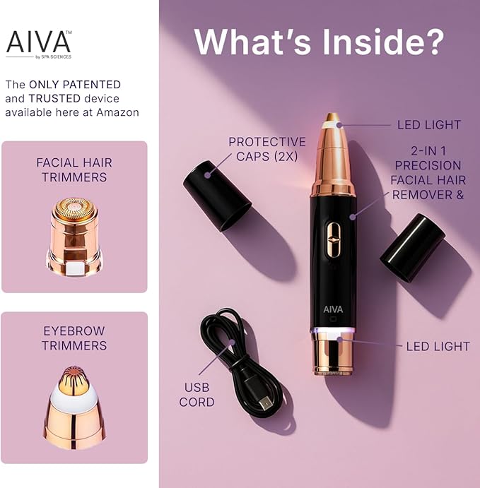 SPA SCIENCES AIVA: 2-in-1/Double Sided Facial Hair Remover & Eyebrow Trimmer USB Rechargeable with Built-in LED Lights