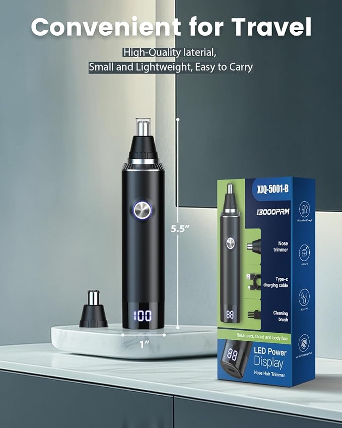 Ear & Nose Hair Trimmer with LED Display for Men Women,Painless USB Rechargeable Eyebrow & Facial & Nose Hair Trimmer Clipper,Professional IPX7 Waterproof Dual Edge Blades