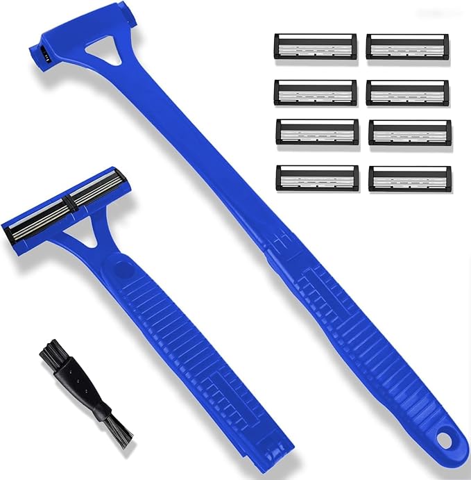 Back Shaver for Men with 8 Replacement Blades, Foldable Long Handle Body Hair Remover, Manual Back Razor Groomer for Men, Wet or Dry Shaving Body Trimmer for Smooth Hair Removal (Blue)