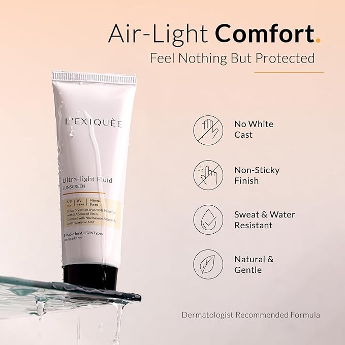 L'E'X'IQUÉE Ultra-Light Mineral-Based Sunscreen SPF 55+ PA++++ | No White Cast Fluid for Face | Non-Greasy Facial Sunscreen with Niacinamide & Hyaluronic Acid | Men & Women | 1.69 fl oz