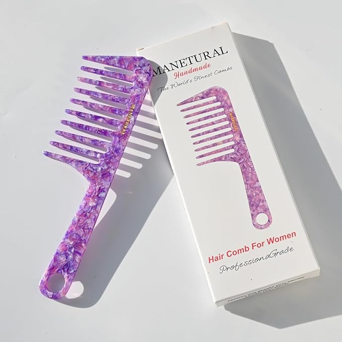 D1 | Wide Tooth Handle comb for Curly Hair| Elevates, Preserves Curl, Smooths hair Acetate comb(Shiny purple)