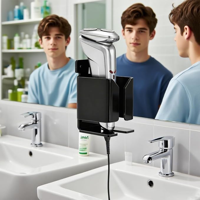 Electric Shaver Wall Stand for Bathroom, Acrylic barber Razor Holder – Easy-to-Install Organizer for Men’s/Women’s Electric Shavers (Black)
