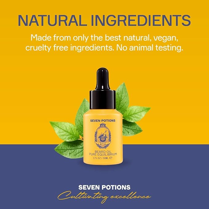 SEVEN POTIONS Natural Beard Oil for Men 1 FL OZ / 30ml — Fragrance Free & Unscented Beard Softener & Conditioner — Vegan Conditioning Oil That Helps Prevent Itch & Dandruff (Pure Equilibrium)