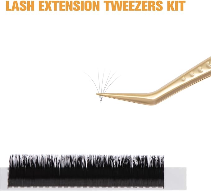 Lash Tweezers for Eyelash Extension, Professional Lash Extension Tweezer Set, High Precision Eyelash Tweezers for Volume Eyelash Extensions (Gold, 5PCS Set)