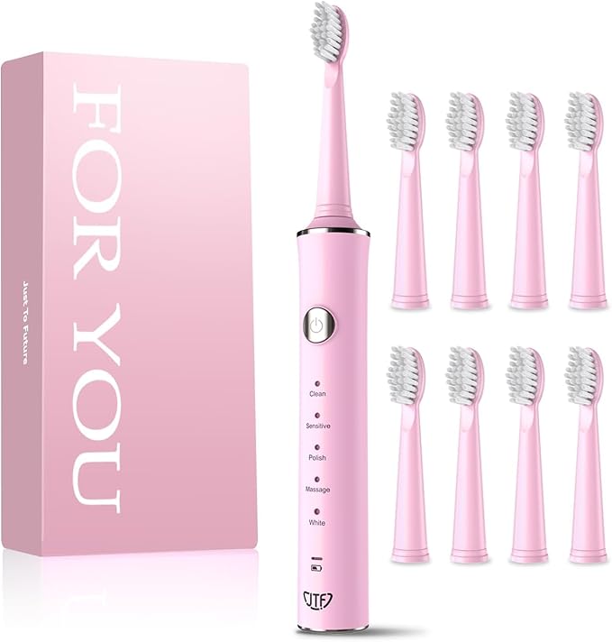 JTF Sonic Electric Toothbrush for Adults & Kids: 5 Modes for Sensitive Teeth, Effective Yet Gentle Cleaning - with 8 Brush Heads & Smart Timer, Rechargeable Portable for Daily Care, Home & Travel Use