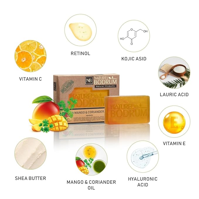 Mango and Coriander Organic Soap Bar for Women and Men, Pack of 2 Glycerin Soap Bars - UV-Repair & Acne-Control Bar Soap with Beta-Carotene & Vitamin E - Natural & Vegan Spa Gift, for All Skin Types