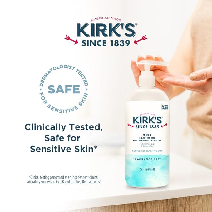 Kirk's 3-in-1 Head to Toe Nourishing Liquid Cleanser- for Men, Women & Children - Premium Coconut Oil & Aloe Vera- Non GMO & Vegan -Fragrance Free - 32 Fl Oz.