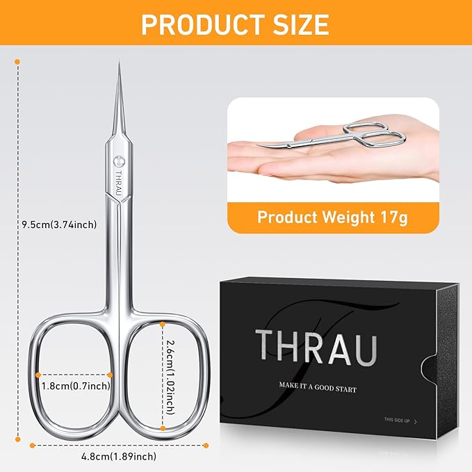 THRAU Cuticle Scissors Extra Fine for Manicure and Pedicure, Curved Blade Nail Scissors, Precise Pointed Tip Grooming Kit for Eyebrow, Eyelash, Trim Nail and Dry Skin, Small Scissors