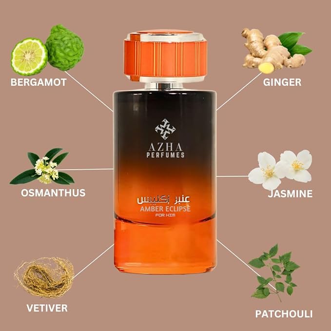 Azha Amber Eclipse For Him Eau De Parfum Spray 100ML(3.4 OZ) Long Lasting Arabian Perfume For Men - Radiant Clash of Citrus, Spice, Floral Oud & Smoky Depth Perfume Men for Timeless Scent Experience