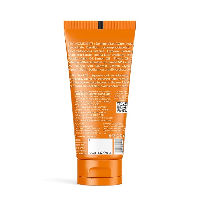 NutriGlow Advanced Organics Vitamin C Lightening Sunscreen SPF50 PA+++ for Sun Protection, Quick Absorb, All Skin Types, 3.5Oz