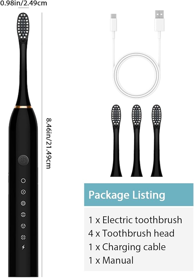 Electric Toothbrushes Adults Rechargeable Toothbrush with 4 Brush Heads and 6 Cleaning Modes Low Noise Waterproof Whiten Toothbrush Smart Timer Longer Life for Women Men Gift Black Rechargeable
