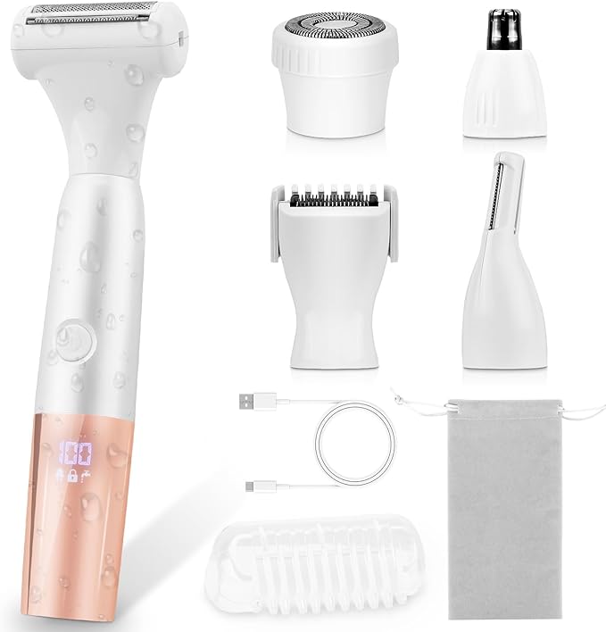 5-in-1 Bikini Trimmer Electric Razors for Women, Cordless Electric Shaver with LCD Display for Facial Body Legs Hair, Rechargeable Waterproof Pubic Body Hair Trimmer Birthday Christmas Gifts for Women