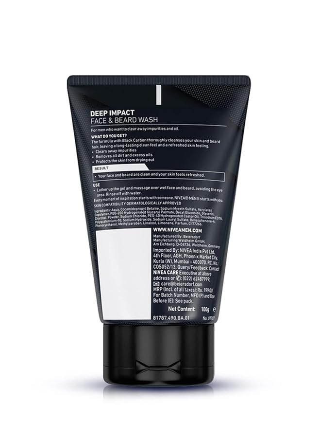Nivea Men Deep Impact Intense Clean Face and Beard Wash - Black Carbon, 100 ml (3.3 oz)