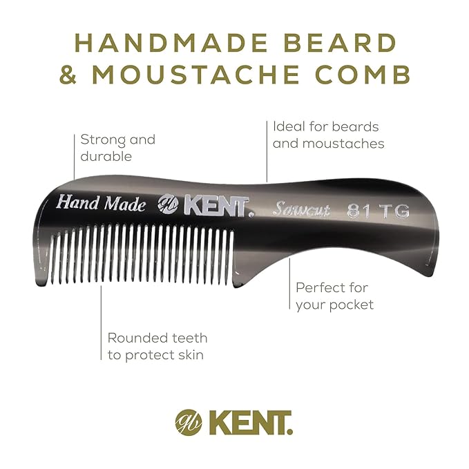 Kent A 81T Graphite X-Small Gentleman's Beard and Mustache Pocket Comb, Fine Toothed Pocket Size for Facial Hair Grooming and Styling. Saw-cut of Cellulose Acetate, Hand Polished. Hand-Made in England