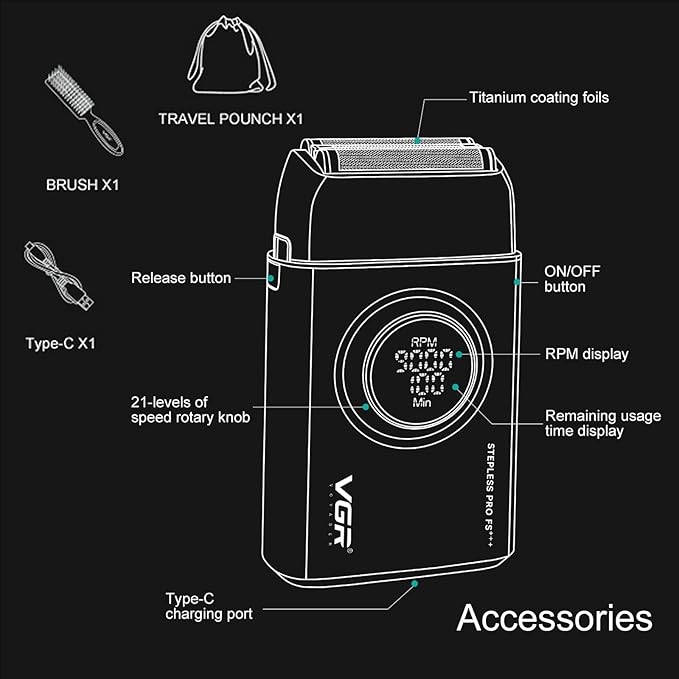 VGR 378 Electric Shavers for Men, Triple Floating Blade Foil Shaver Cordless Men's Electric Razor, 9000 RPM Motor Bald Shavers Titanium Foils with LED Display, Barber Supplies (Black)