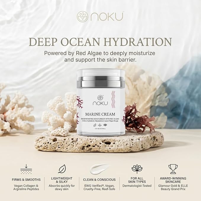Noku Marine Cream 100ml – Ultra-Hydrating Anti-Aging Moisturizer for Men & Women | Red Algae, Vegan Collagen & Argireline Peptides | Airless Jar, Vegan, Cruelty-Free, Award-Winning Skincare