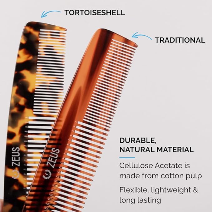 ZEUS 7.5” Large Beard & Mustache Comb, Handmade Saw-Cut Comb for Men’s Grooming, Anti-Static, Ultra-Smooth Finish for Snag-Free Styling (Tortoiseshell) C12