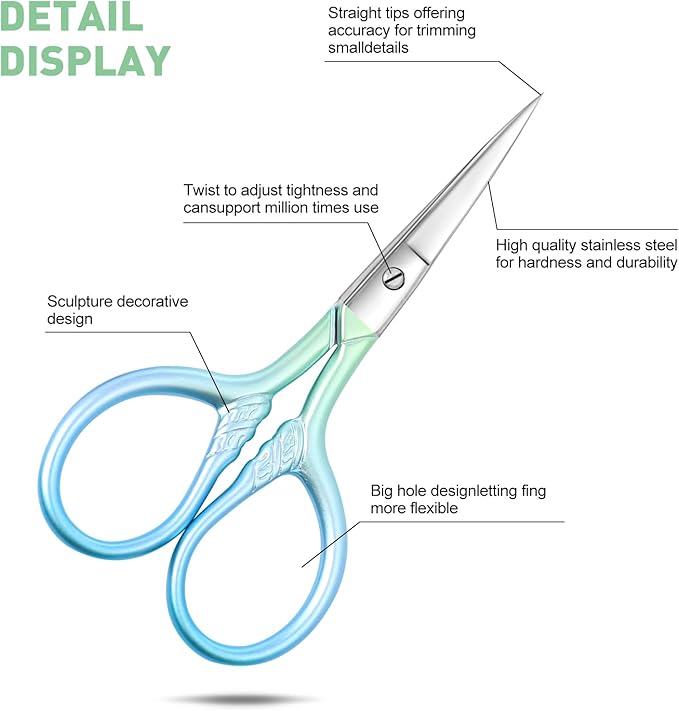 Small facial hair scissors, stainless steel (blue) versatile retro beauty kit for men's and women's bathrooms, nose hair, eyebrows, eyelashes, beard trim, with PU sheath
