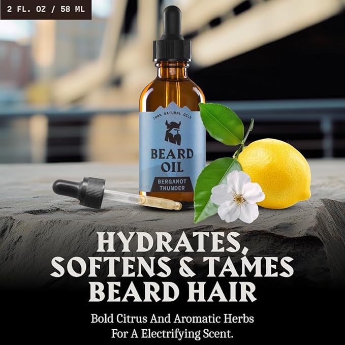Striking Viking Beard Oil for Men -2 Fl Oz (1 Pack), Bergamot Thunder - Naturally Derived Conditioner with Almond, Tea Tree, Argan & Jojoba Oil for Beard Growth, Softening & Moisturizing