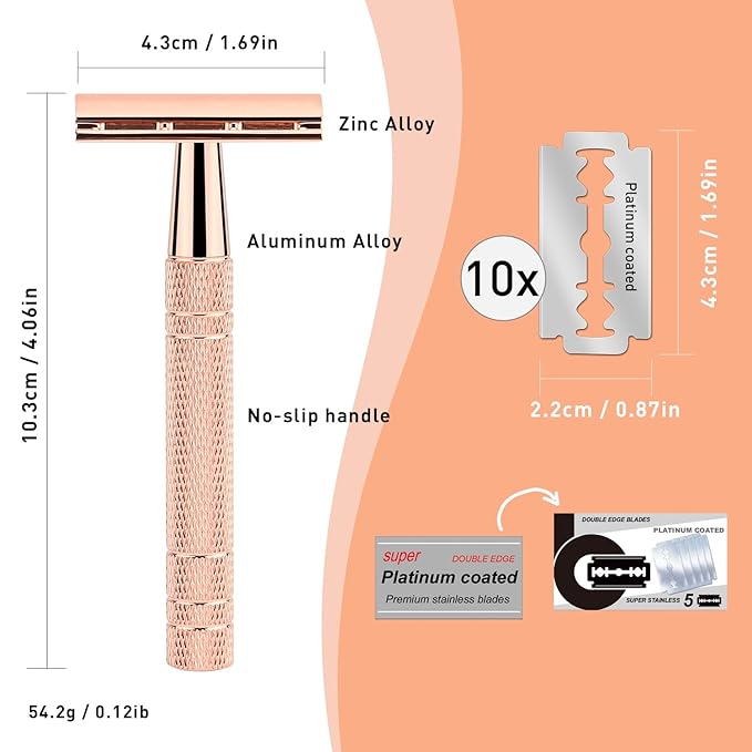 Rose Gold Double Edge Safety Razor, Single Blade Razors for Women, with 10 Platinum Coated Safety Razor Blades, 1 Blade Razors, Anti-slip Handle, Metal Material, Reusable, Eco-friendly, Smooth Shaving