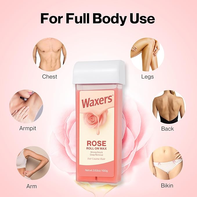Roll on Wax Kit Professional Soft Wax Roller Depilatory for Coarse & Thick Hair Removal Waxing Roller Cartridge for Women Men at Home Rose