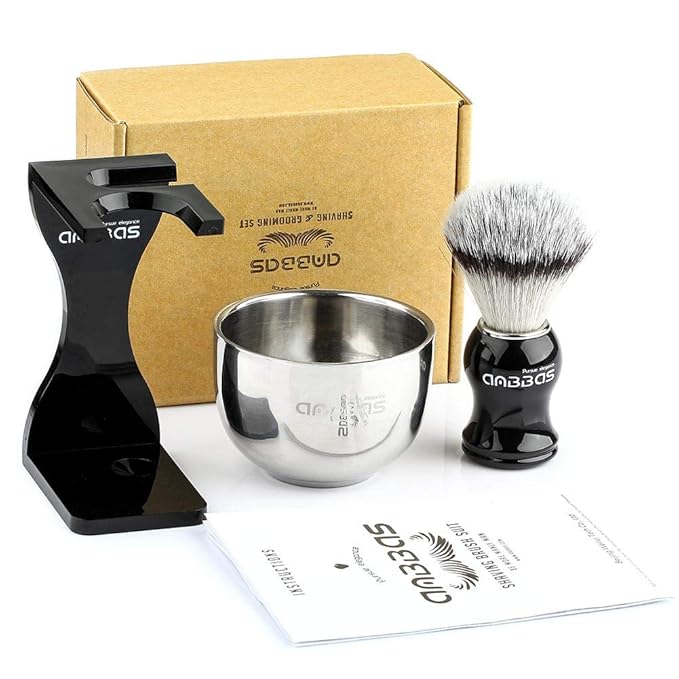 Anbbas Shaving Brush Synthetic Badger Hair with Stainless Steel Shaving Bowl,Black Acrylic Shaving Stand Holer for DE Razor Men Traditional Shave