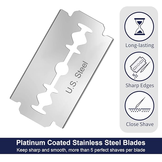 50 Count Safety Razor Blades - Platinum Coating Stainless Steel Double Edge Razor Blades, Fit Most of Safety Razors, Precision, Smooth and Comfortable Shaving, Sensitive Skin Friendly