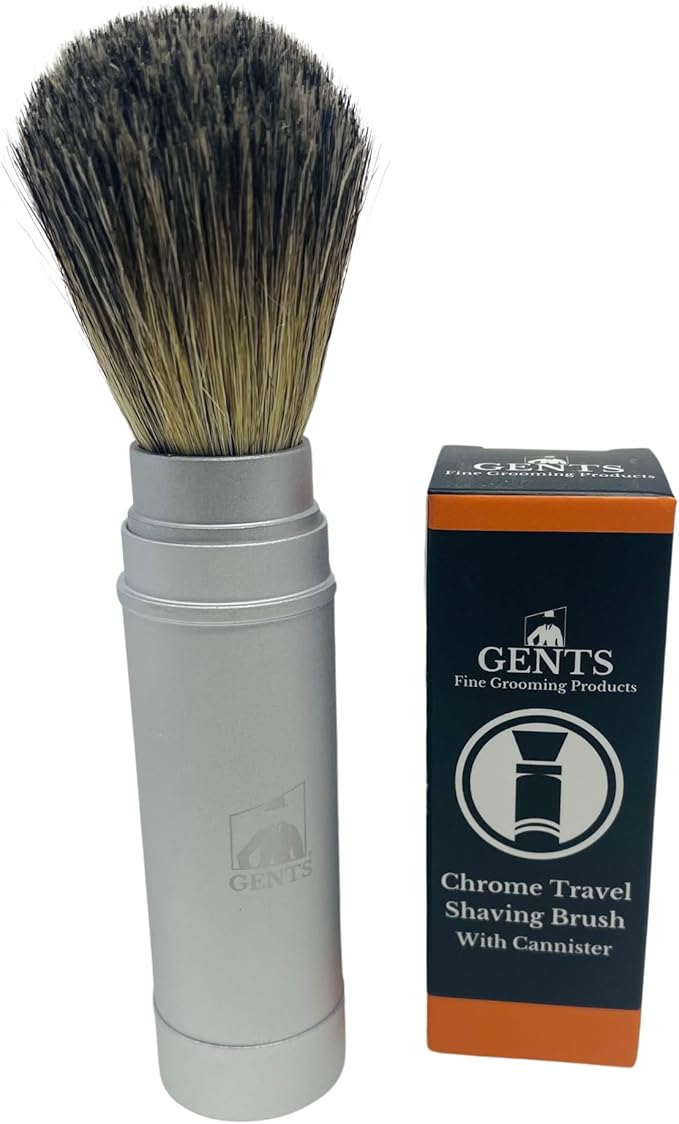Gents Collapsible Badger Hair Shaving Brush - Retractable Travel Shaving Brush with Silver Metal Handle - Portable Wet Shave Brush for Men