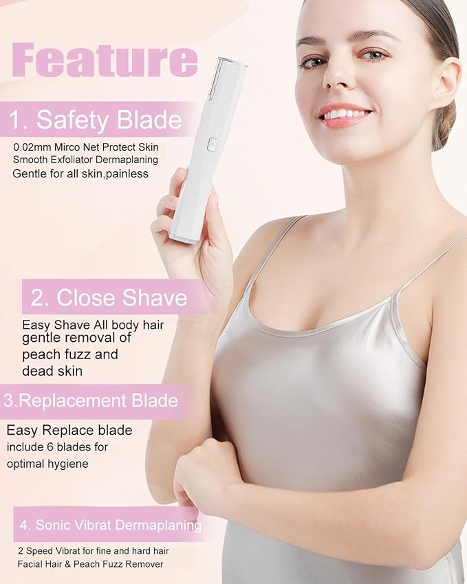 Electric Facial Exfoliator for Women, 2 Speed Vibrate Dermaplaning Face Razor for Peach Fuzz,Exfoliation & Body Hair Removal with 6 Replace Blades - Safety Micro-Guards (White)