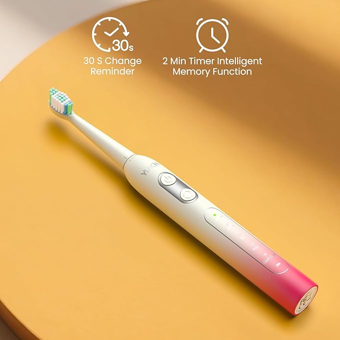 YUNCHI Sonic Electric Toothbrush, Electric Toothbrush for Adults and Kids, Rechargeable Battery Toothbrushes, 4 Brush Heads, 2 Min Timer, IPX7 Waterproof, 5 Modes, Red Yellow Gradient