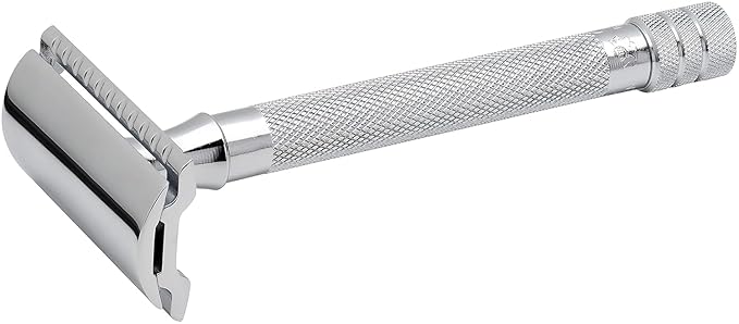 MERKUR 23C Double Edge Safety Razor - Polished Chrome, Long Knurled Brass Handle, Made in Germany, Plastic-Free, Three Piece Design, Closed Comb, Straight Bar