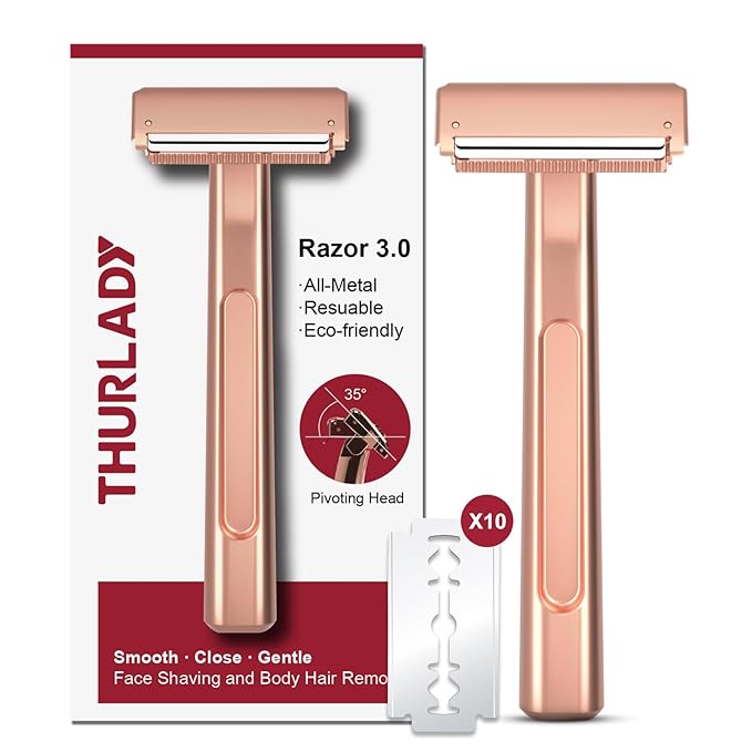 Razors for Women, Dual-Blade Safety Razor with Pivoting Head, Reusable Metal Shaving Razor, with 10 Double Edge Blades, Smooth Close Shave, Rose Glod
