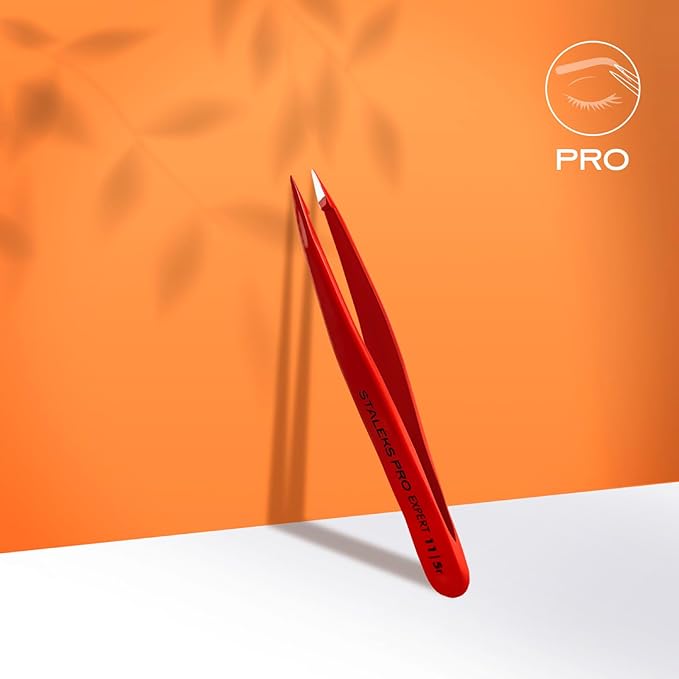 STALEKS PRO Expert 11 Type 5r Professional Eyebrow Tweezers (Red) – Pointed Stainless Steel for Spot Correction & Ingrown Hair Removal