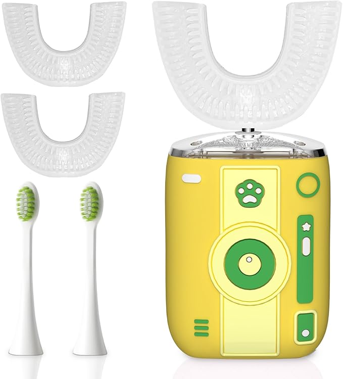 Adult Sonic Automatic Electric Toothbrush, 360° Oral Cleaning Stain Whitening (Yellow), IPX7 Waterproof Rechargeable, u-Shape Brush Head*3+Straight Handle Brush Head*2