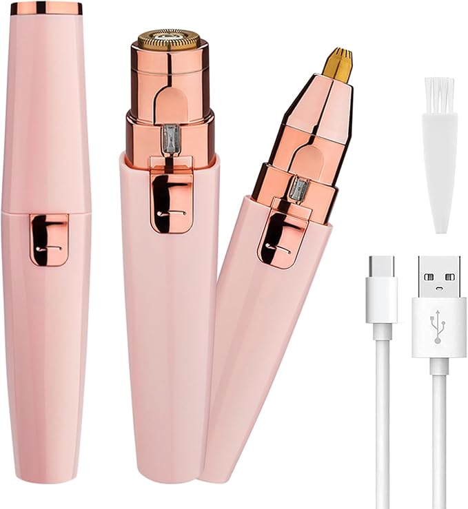 Eyebrow Facial Trimmer for Women - 2 in 1 Rechargeable Face Eye Brow Shaver - Face Remover Peach Fuzz Painless Facial Removal Built-in LED Light for Lips Arm Nose Hair Bikini Line Body (Pink)