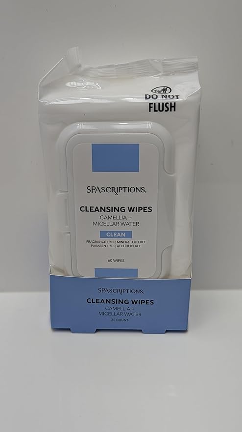 SpaScriptions Micellar Water Cleansing Facial Wipes - Fragrance Free & Gentle Makeup Remover Wipes With Camellia For Anti Aging & Hydrated Skin, Daily Use Face Wipes For Sensitive Skin, 1-Pack (60ct)
