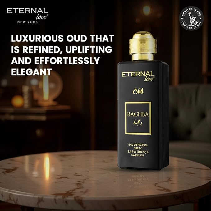 Eternal Love Raghba Oud - Long Lasting Unisex Eau de Parfum - Spicy Floral Oriental Fragrance with Oud & Vanilla - Dubai Inspired Arabic Scent - 3.4oz