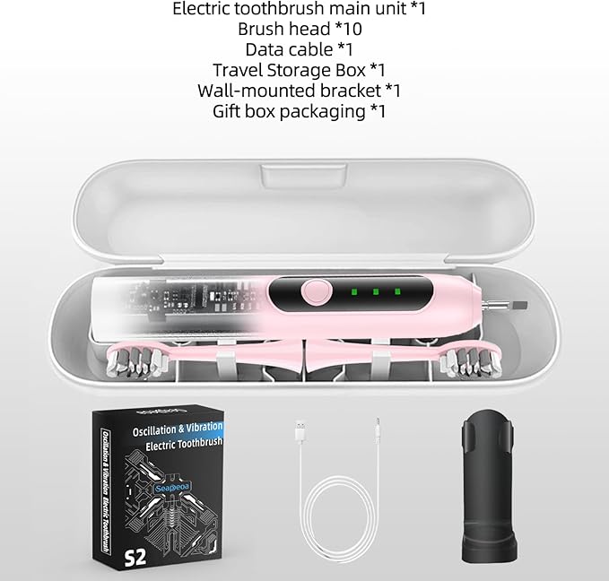 Adult Sonic Electric Toothbrush with 10 Brush Heads, Travel case, and wall Bracket, Suitable for Both Adults and Children, IPX8 Waterproof, USB Charging, 42000VPM, Pink