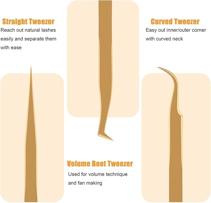 Lash Tweezers Set for Eyelash Extension, Eyelash Tweezers for Classic Individual and Volume Lash Extensions, Complete with Storage Case (Gold, 3PCS Set)