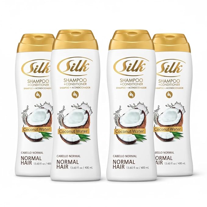 SILK 2 in 1 Shampoo and Conditioner for Normal Hair – Moisturizing Wash with Coconut Oil – Anti-Frizz, Detangling & Smoothing for Men & Women – Coconut Water Scent, 13.6 fl oz (Pack of 4)