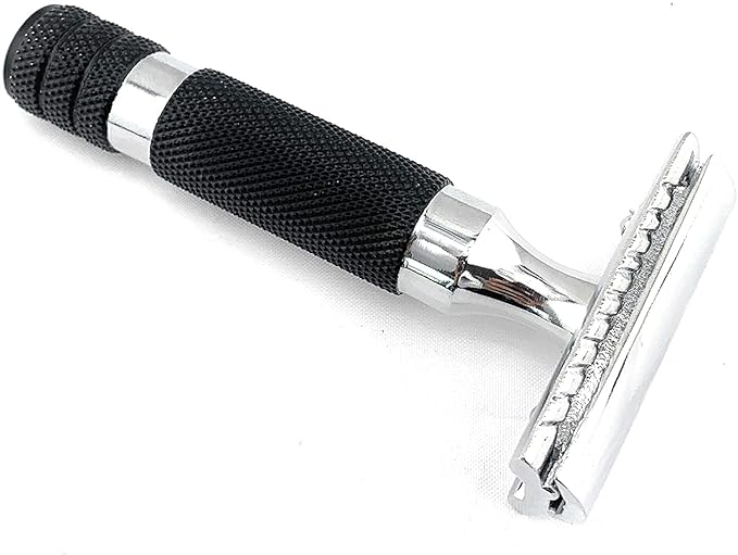 G.B.S Black Travel Shaving Brush, 4 Piece Travel Double Edge Safety Razor, and Leather Razor Case, Daily Beard Care, 10 pack of blades Snap Lock Prevent Razor Bumps